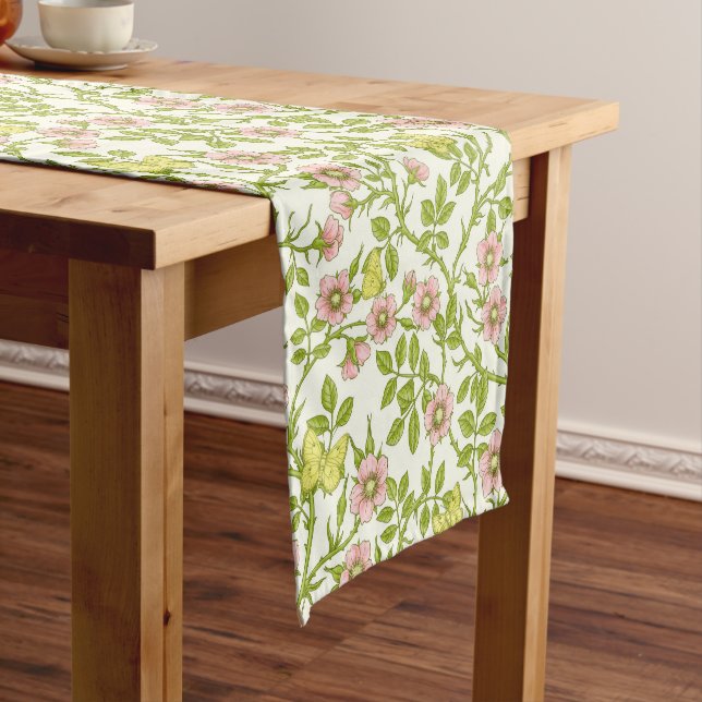 Wild roses and butterflies /pink/pale green/yellow short table runner (In Situ)