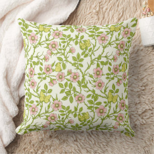 Wild roses and butterflies /pink/pale green/yellow throw pillow