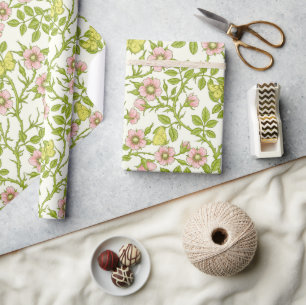 Wild roses and butterflies /pink/pale green/yellow wrapping paper
