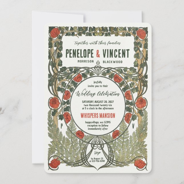 Wild Roses Art Nouveau Frame Invitation (Front)