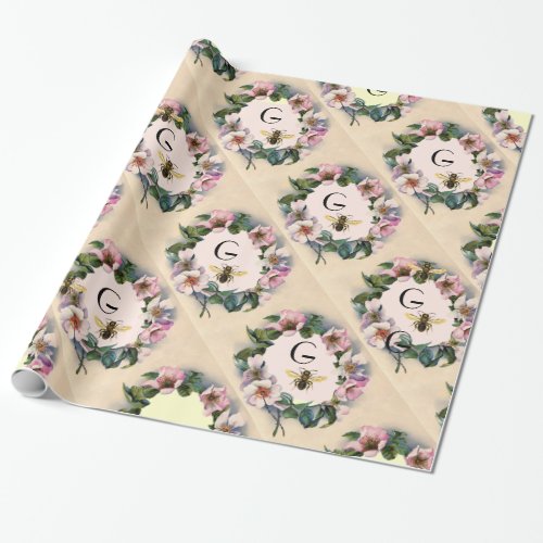 WILD ROSES CROWN HONEY BEE  BEEKEEPER MONOGRAM WRAPPING PAPER