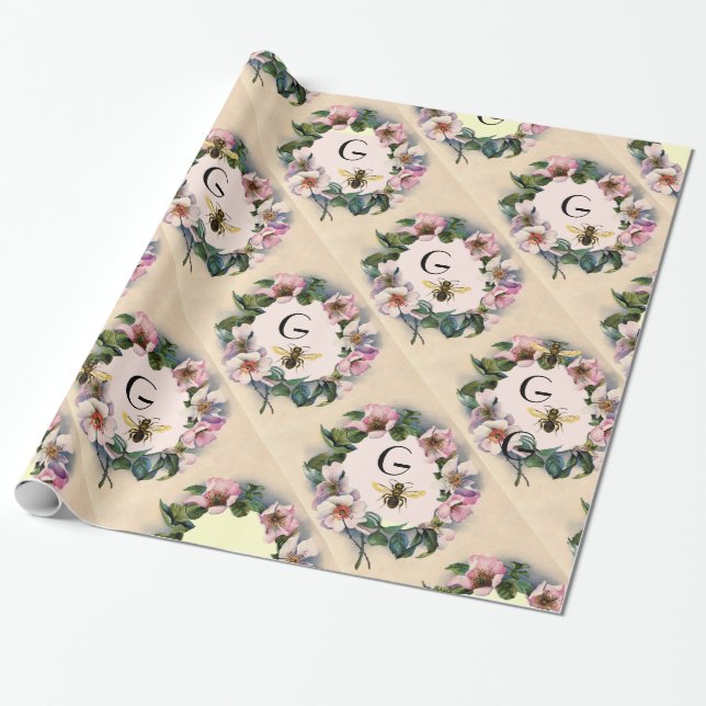 WILD ROSES CROWN, HONEY BEE / BEEKEEPER MONOGRAM WRAPPING PAPER (Unrolled)