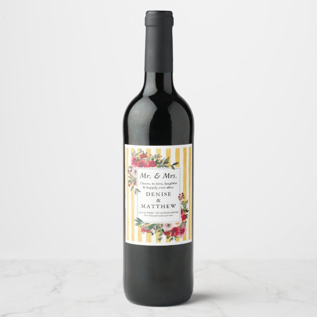 Wild Roses & Daffodil Yellow Stripe Wine Label (Front)