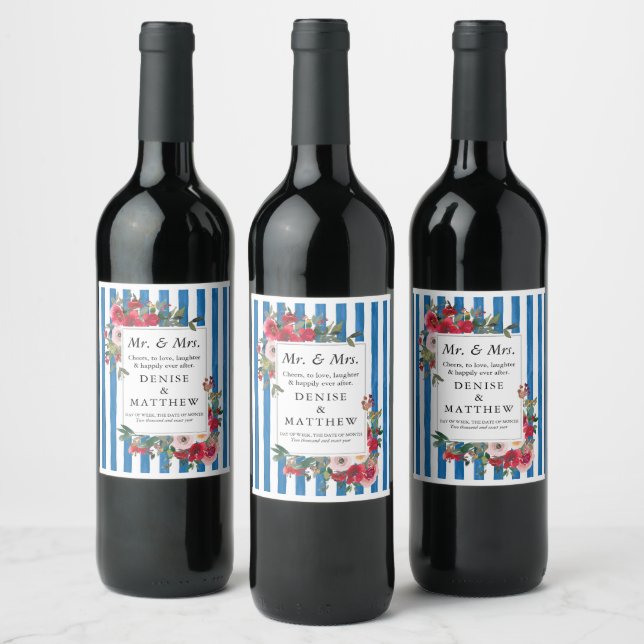 Wild Roses & French Blue Stripe Wine Label (Bottles)