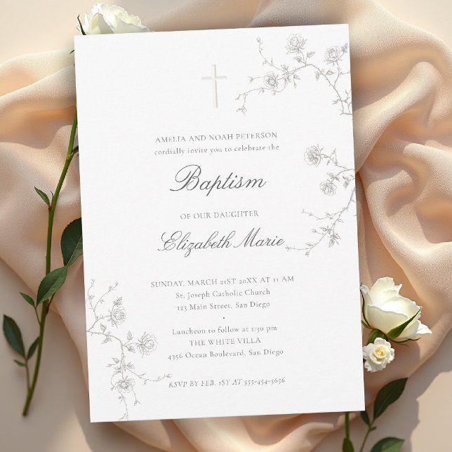 Wild Roses Garden Formal Modern Classic Baptism Invitation (baptism invitation party card classic elegant wild roses wildflowers holy cross christening blessing)
