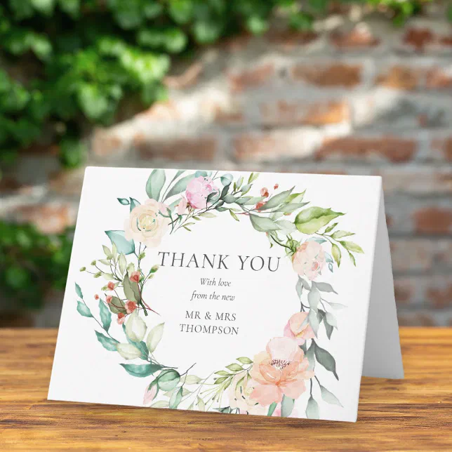 Wild Roses Garland Wedding Thank You Card | Zazzle