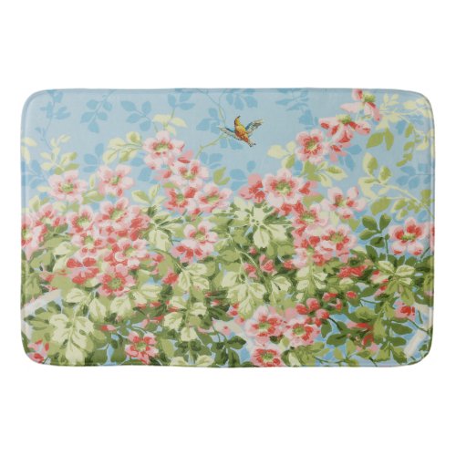 WILD ROSES GREEN LEAVES FLYING BIRD IN BLUE SKY  BATH MAT