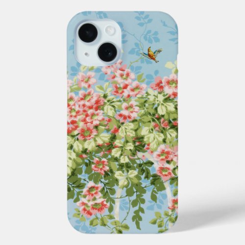 WILD ROSES GREEN LEAVES FLYING BIRD IN BLUE SKY  iPhone 15 CASE