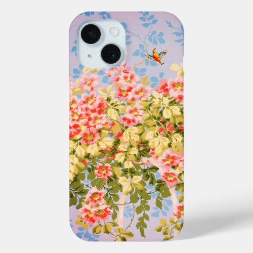 WILD ROSES GREEN LEAVES FLYING BIRD IN BLUE SKY  iPhone 15 CASE