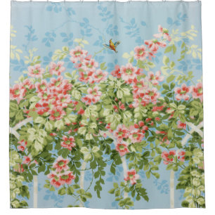 WILD ROSES ,GREEN LEAVES ,FLYING BIRD IN BLUE SKY SHOWER CURTAIN