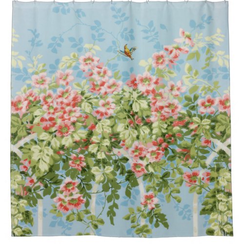 WILD ROSES GREEN LEAVES FLYING BIRD IN BLUE SKY  SHOWER CURTAIN