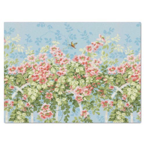 WILD ROSES GREEN LEAVES FLYING BIRD IN BLUE SKY  TISSUE PAPER