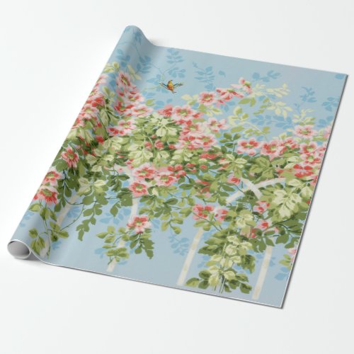 WILD ROSES GREEN LEAVES FLYING BIRD IN BLUE SKY  WRAPPING PAPER