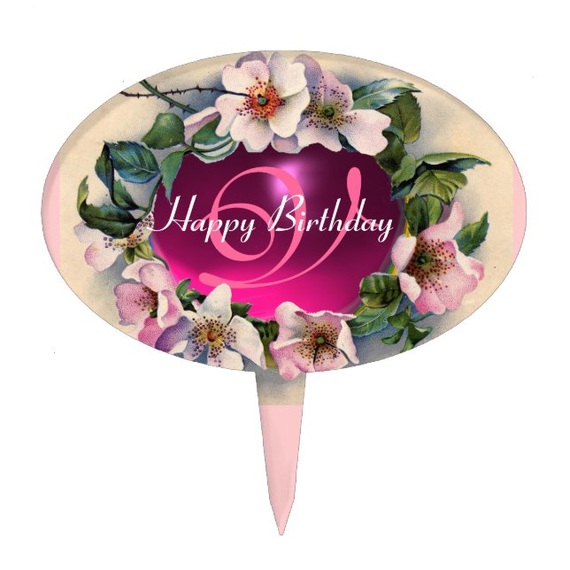 WILD ROSES  HAPPY BIRTHDAY MONOGRAM CAKE TOPPER (Front)