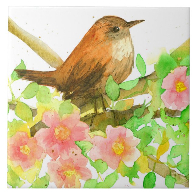 Wild Roses Pink Flowers Botanical Wren Bird Ceramic Tile (Front)