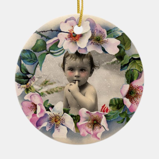 WILD ROSES,PINK GEM BABY SHOWER PHOTO TEMPLATE CERAMIC ORNAMENT (Front)