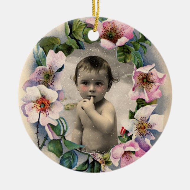 WILD ROSES,PINK GEM BABY SHOWER PHOTO TEMPLATE CERAMIC ORNAMENT (Front)