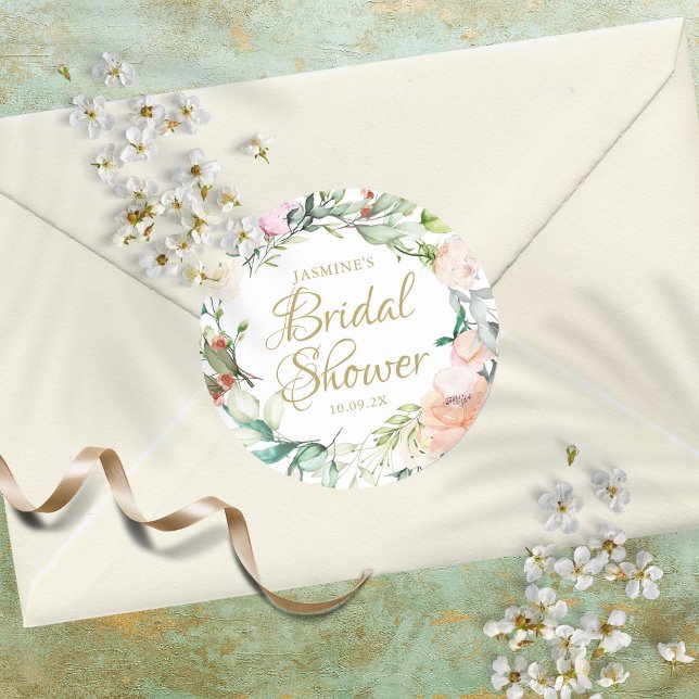 Wild Roses Watercolour Script Bridal Shower Favor Classic Round Sticker (Creator Uploaded)