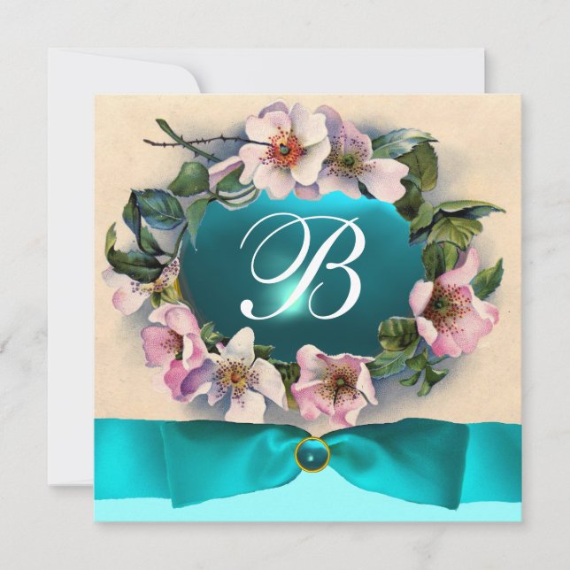 WILD ROSES WITH AQUA BLUE ,TEAL RIBBON ,MONOGRAM INVITATION (Front)
