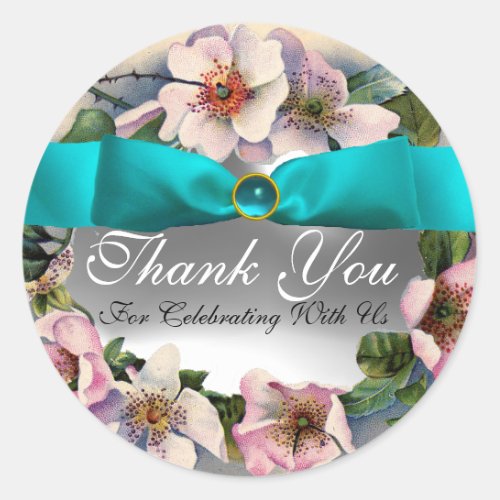 WILD ROSES WITH AQUA BLUE TEAL RIBBON Thank you Classic Round Sticker
