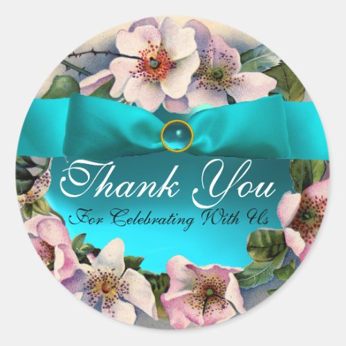WILD ROSES WITH AQUA BLUE TEAL RIBBON Thank you Classic Round Sticker