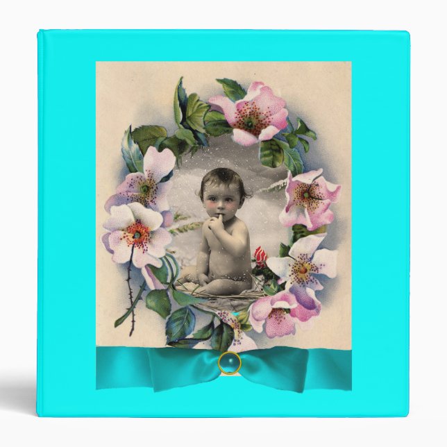 WILD ROSES WITH BLUE RIBBON PHOTO TEMPLATE 3 RING BINDER (Front)