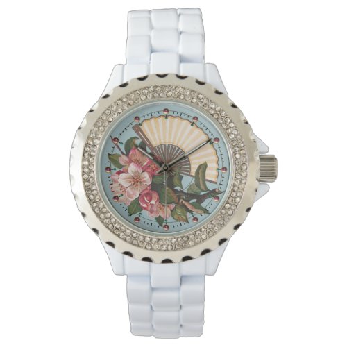 WILD ROSES WITH FAN Pink Blue Floral Watch