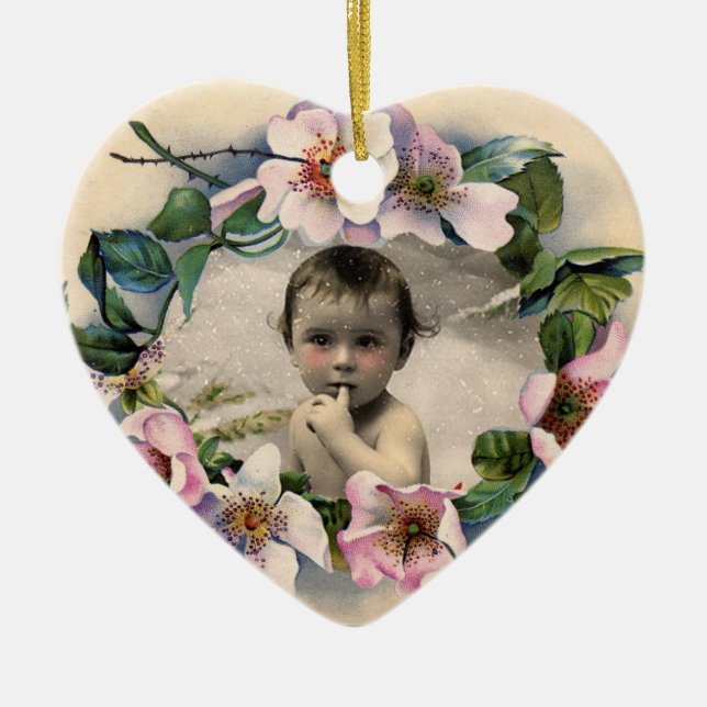 WILD ROSES WITH GEM STONE MONOGRAM PHOTO TEMPLATE CERAMIC ORNAMENT (Front)