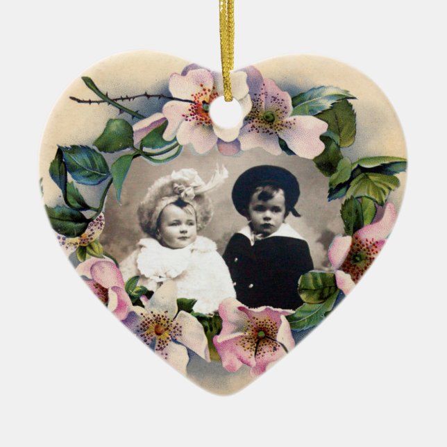 WILD ROSES WITH GEM STONE MONOGRAM PHOTO TEMPLATE CERAMIC ORNAMENT (Front)