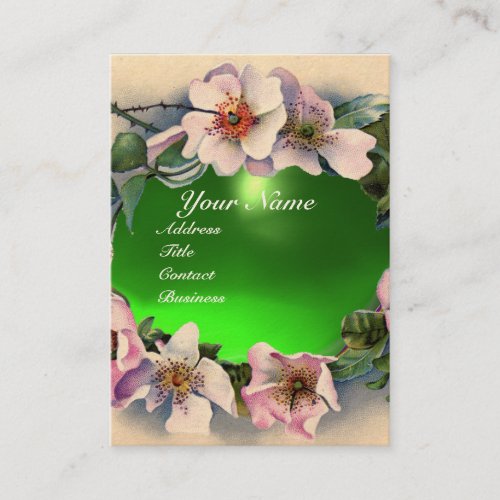 WILD ROSES WITH GREEN GEM STONE MONOGRAM BUSINESS CARD
