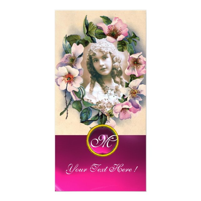 WILD ROSES WITH PINK FUCHSIA GEM STONE MONOGRAM CARD (Front)