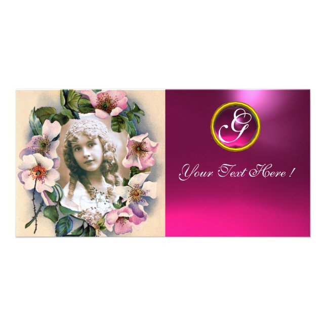 WILD ROSES WITH PINK FUCHSIA GEM STONE MONOGRAM CARD (Front)