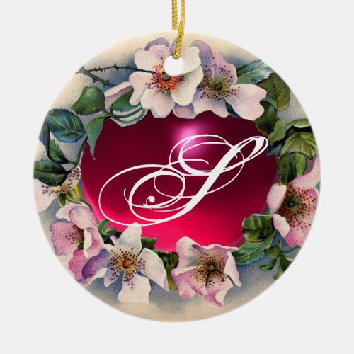 WILD ROSES WITH PINK FUCHSIA GEM STONE MONOGRAM CERAMIC ORNAMENT