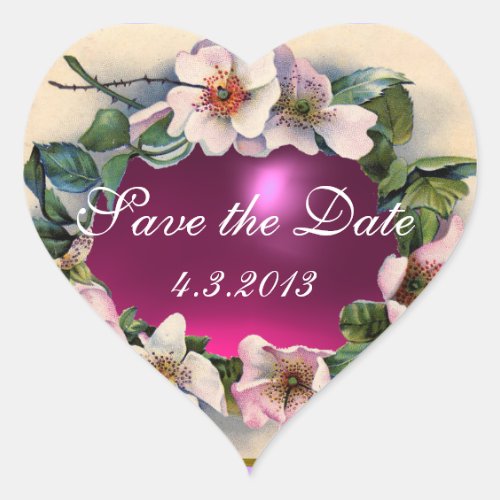 WILD ROSES WITH PINK FUCHSIA GEM STONE Save Date Heart Sticker