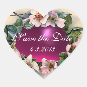 WILD ROSES WITH PINK FUCHSIA GEM STONE Save Date Heart Sticker