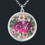 WILD ROSES WITH PINK FUCHSIA GEM STONE SILVER PLATED NECKLACE<br><div class="desc">Elegant, classy, classic floral design. Beautiful pink dog roses with a bright fuchsia amethyst gem stone .3D graphics and digital elaboration in vintage style by Bulgan Lumini (c) Easy to customize with your initials and own text as a wedding ceremony announcement, place cards, save-the-date .favors , thank you cards .bridal...</div>