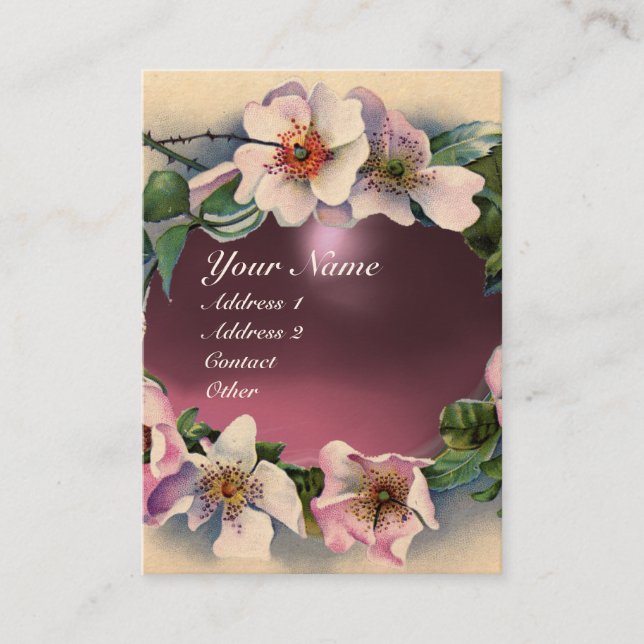 WILD ROSES WITH PINK PURPLE GEM STONE MONOGRAM BUSINESS CARD (Front)