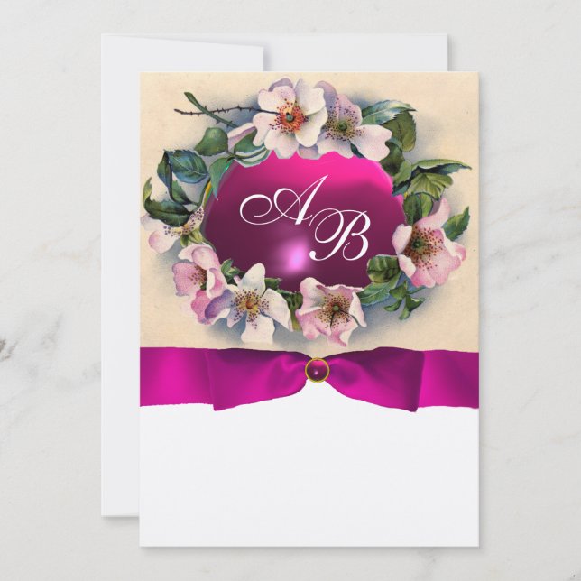 WILD ROSES WITH PINK RIBBON ,MONOGRAM Gold Metal Invitation (Front)