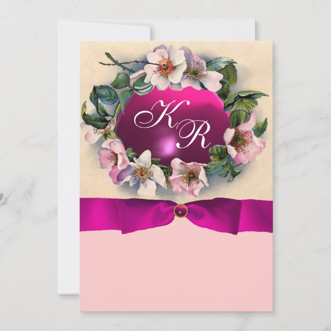 WILD ROSES WITH PINK RIBBON ,MONOGRAM INVITATION (Front)