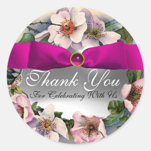 WILD ROSES WITH PINK RIBBON Thank you Classic Round Sticker