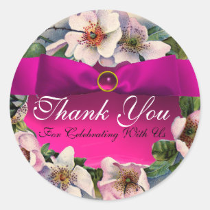 WILD ROSES WITH PINK RIBBON ,Thank you Classic Round Sticker