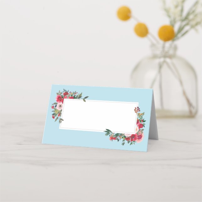 Wild Roses with Spun Sugar Blue Background Place Card (Front)