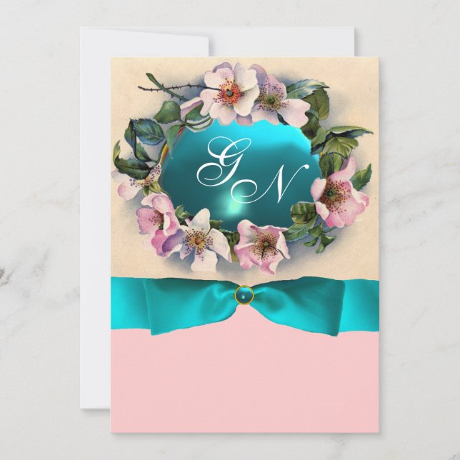 WILD ROSES WITH TEAL BLUE RIBBON ,MONOGRAM INVITATION (Front)