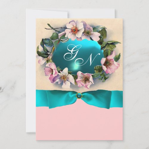 WILD ROSES WITH TEAL BLUE RIBBON MONOGRAM INVITATION