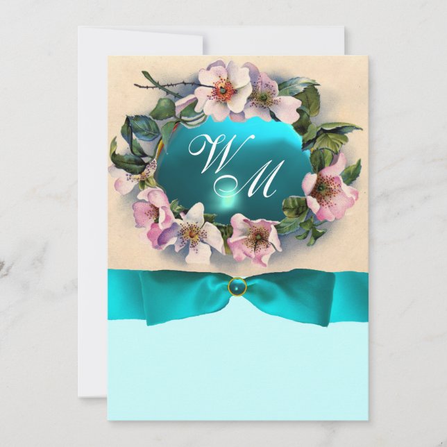WILD ROSES WITH TEAL BLUE RIBBON ,MONOGRAM INVITATION (Front)