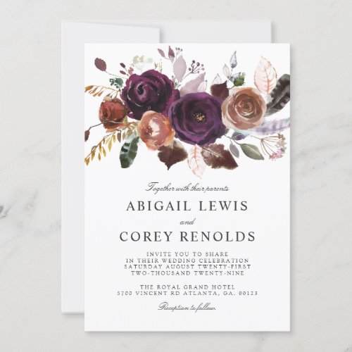 Wild Royal Bloom Bouquet  Plum Wedding Invite