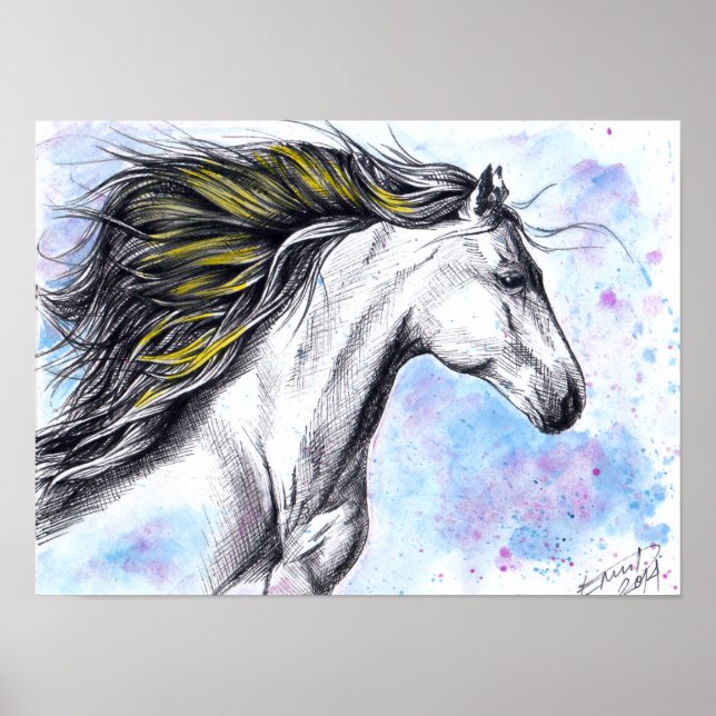 Wild running horse Watercolor and Ink Equine art Poster (Front)