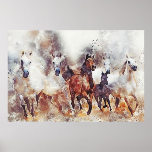 Wild running horses digital manipulation painting poster