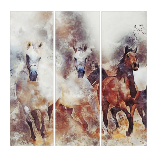 Wild running horses digital manipulation painting triptych