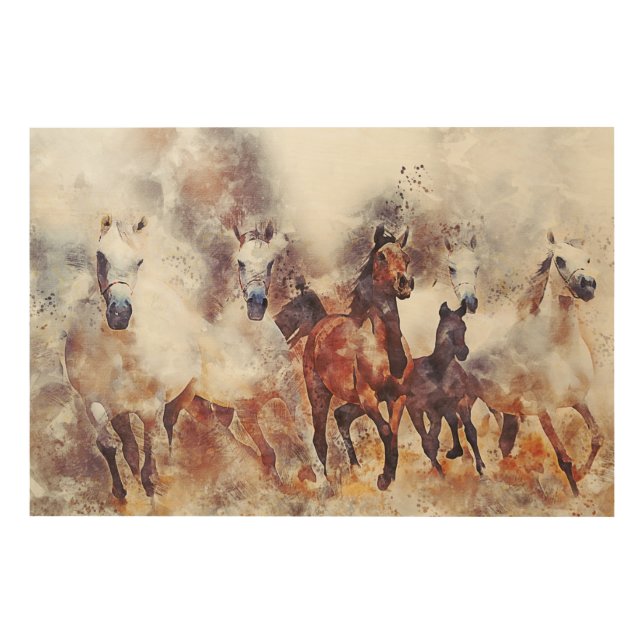 Wild running horses digital manipulation painting wood wall art (Front)